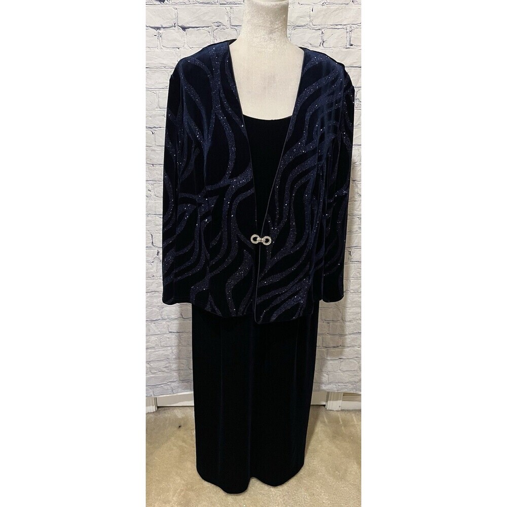 R&M Richards Plus Size Blue Velvet Sleeveless Dress with Glitter Jacket Size 20W